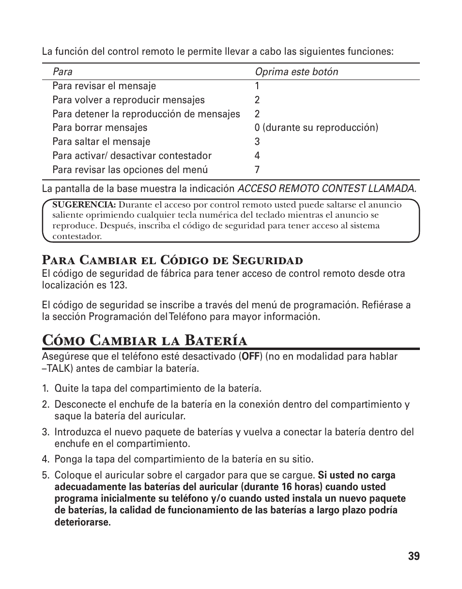 Cómo cambiar la batería, Para cambiar el código de seguridad | GE 25880 User Manual | Page 89 / 100