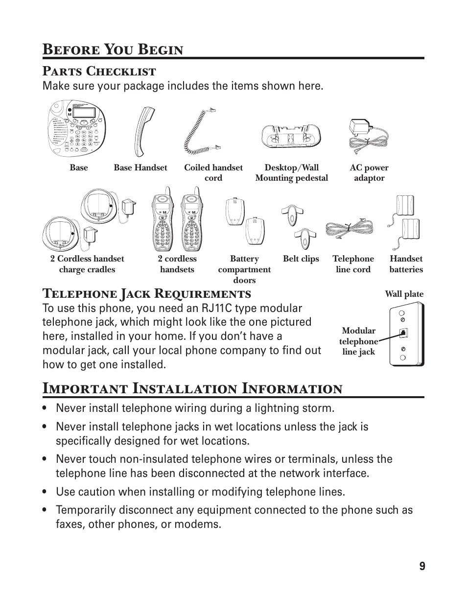 Before you begin, Important installation information, Parts checklist | Telephone jack requirements | GE 25880 User Manual | Page 9 / 100