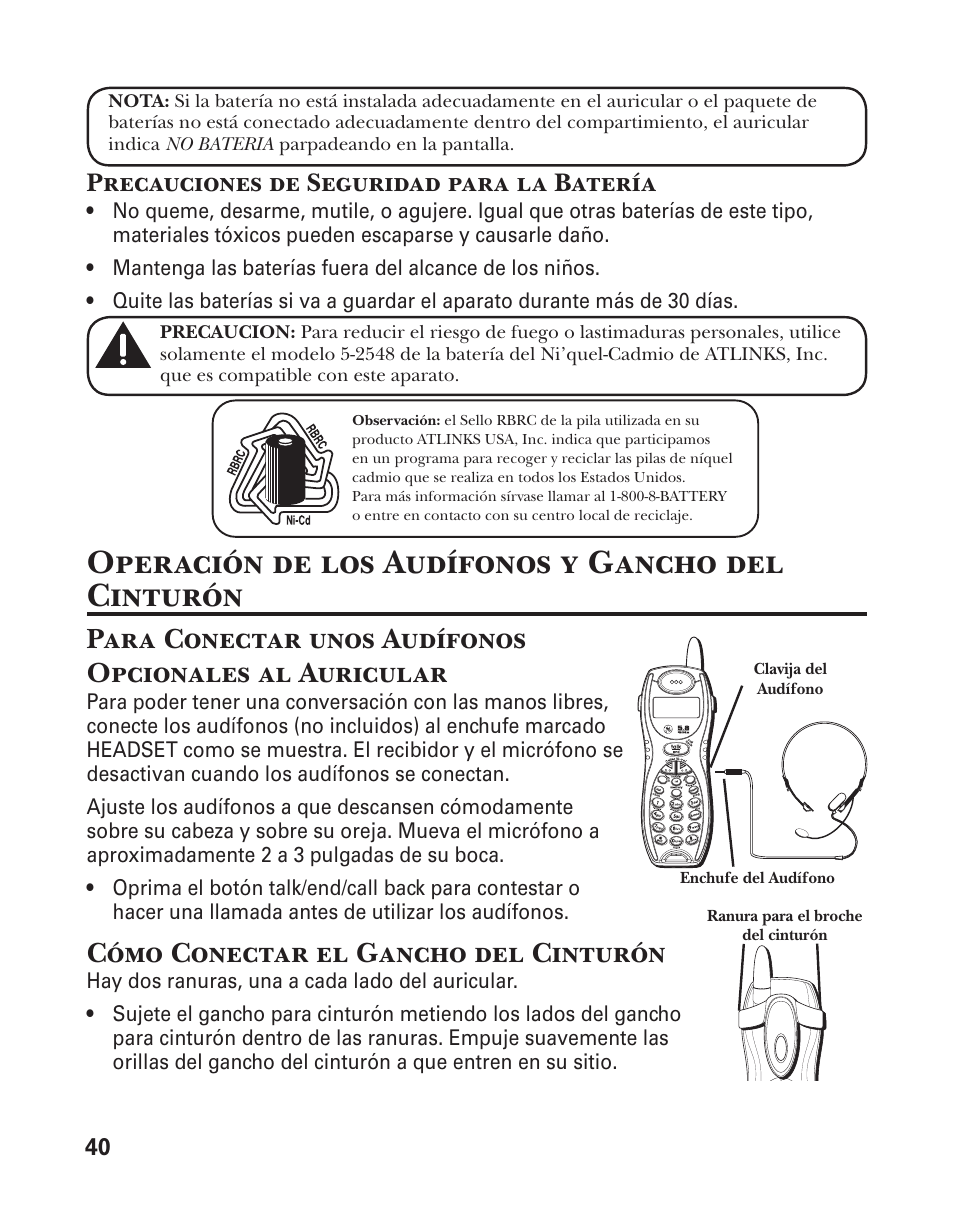 Operación de los audífonos y gancho del cinturón, Cómo conectar el gancho del cinturón, Precauciones de seguridad para la batería | GE 25880 User Manual | Page 90 / 100