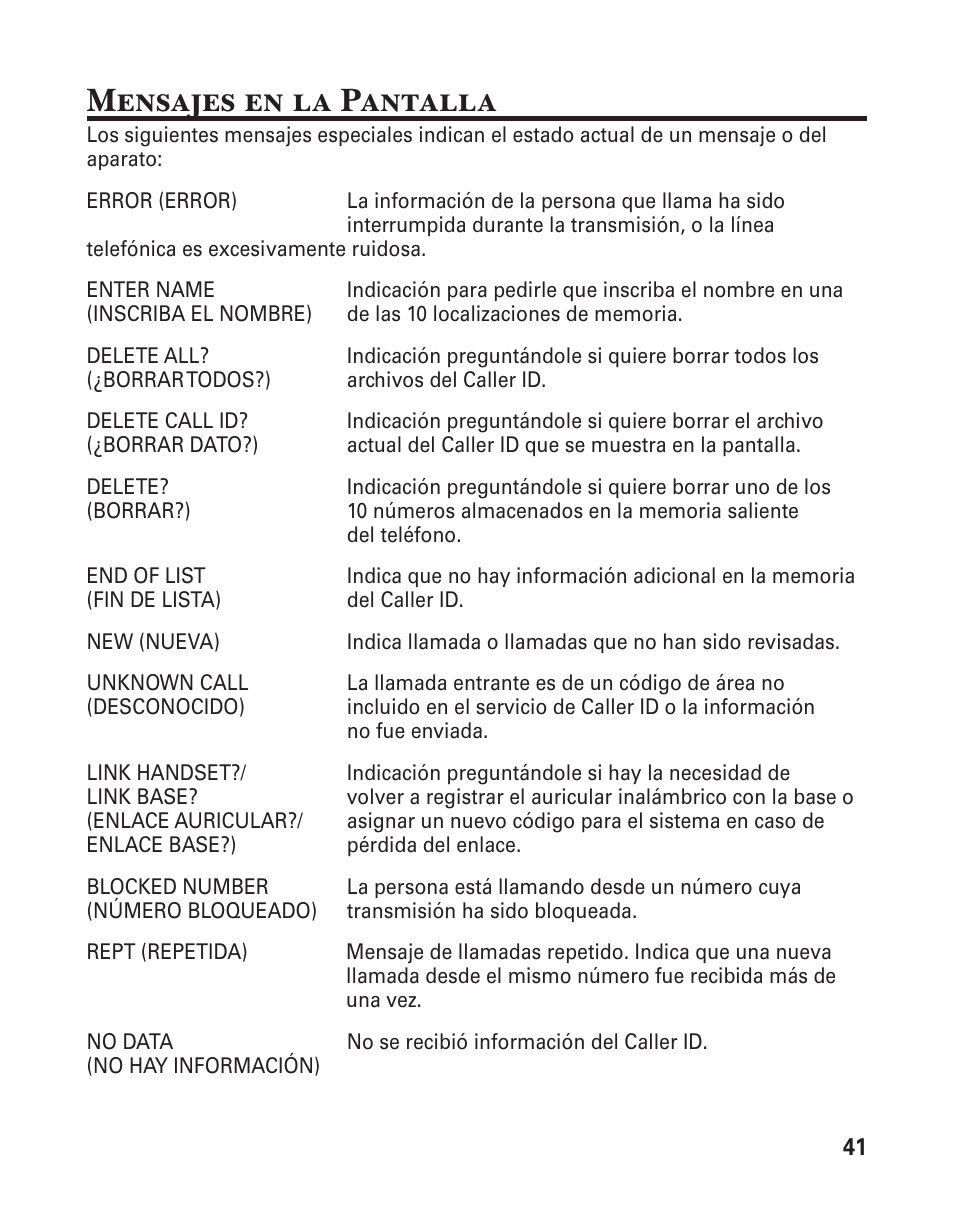 Mensajes en la pantalla | GE 25880 User Manual | Page 91 / 100