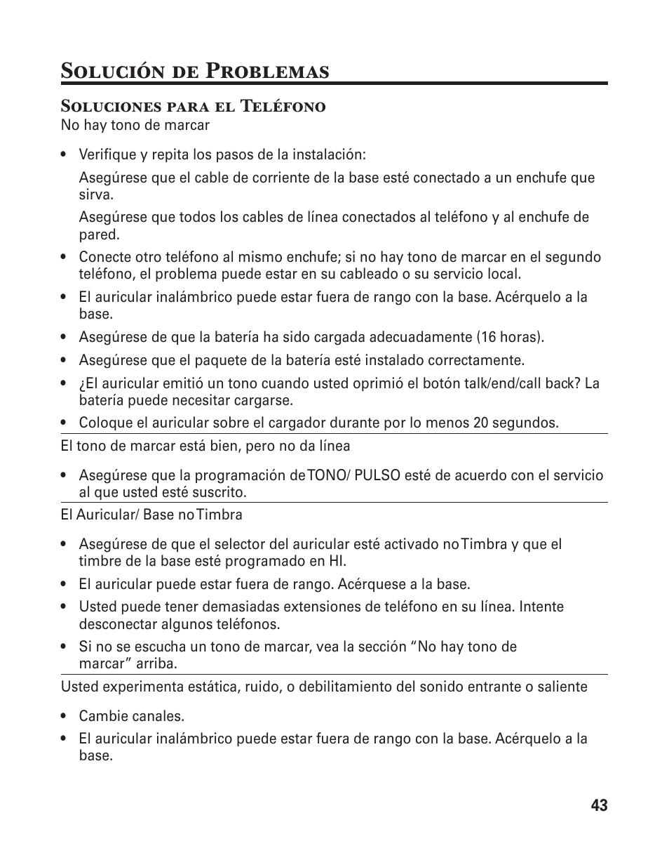 Solución de problemas, Soluciones para el teléfono | GE 25880 User Manual | Page 93 / 100