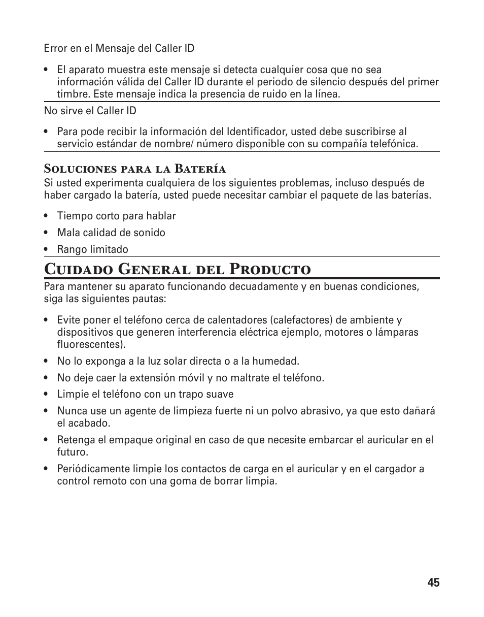Cuidado general del producto, Soluciones para la batería | GE 25880 User Manual | Page 95 / 100