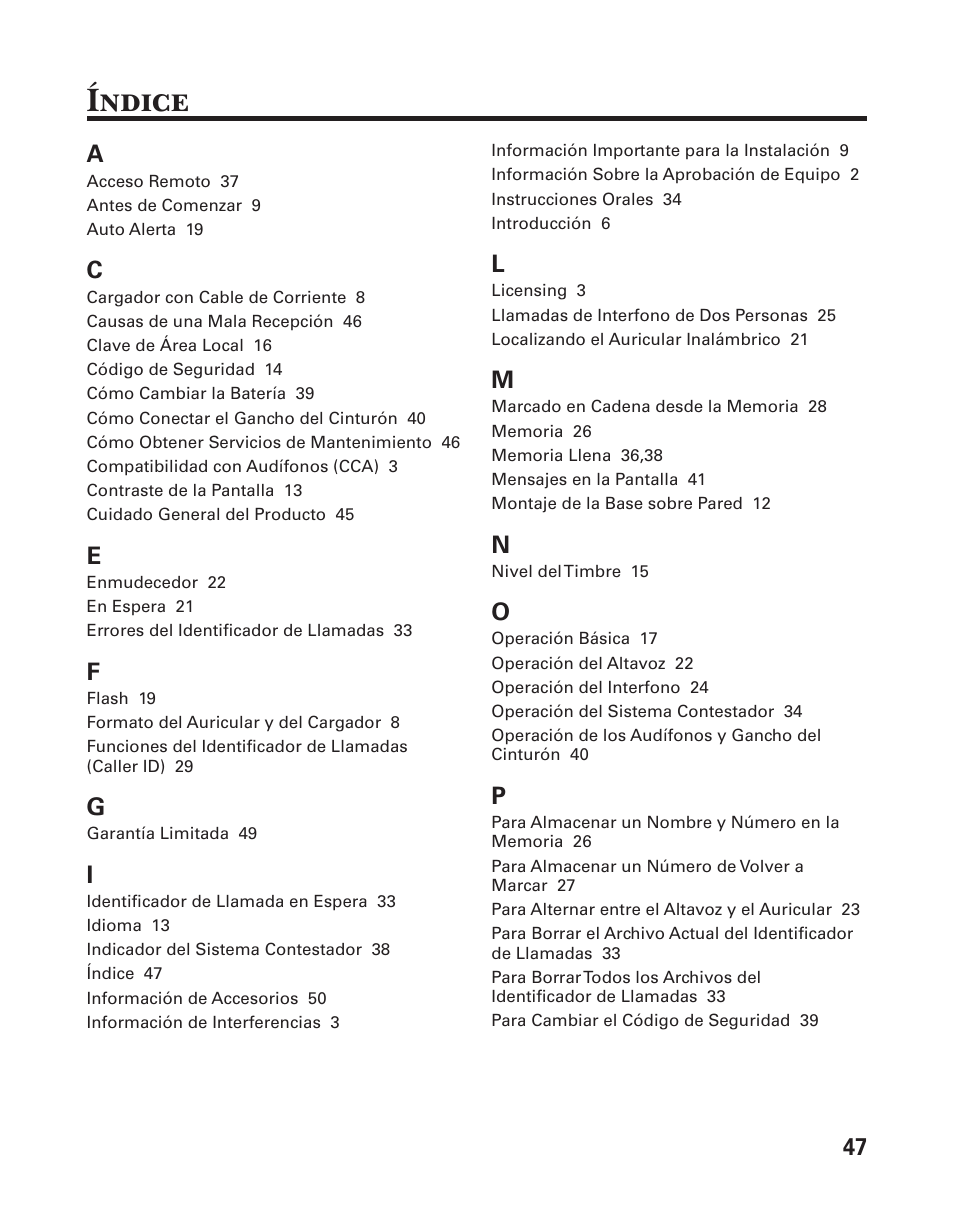 Índice | GE 25880 User Manual | Page 97 / 100