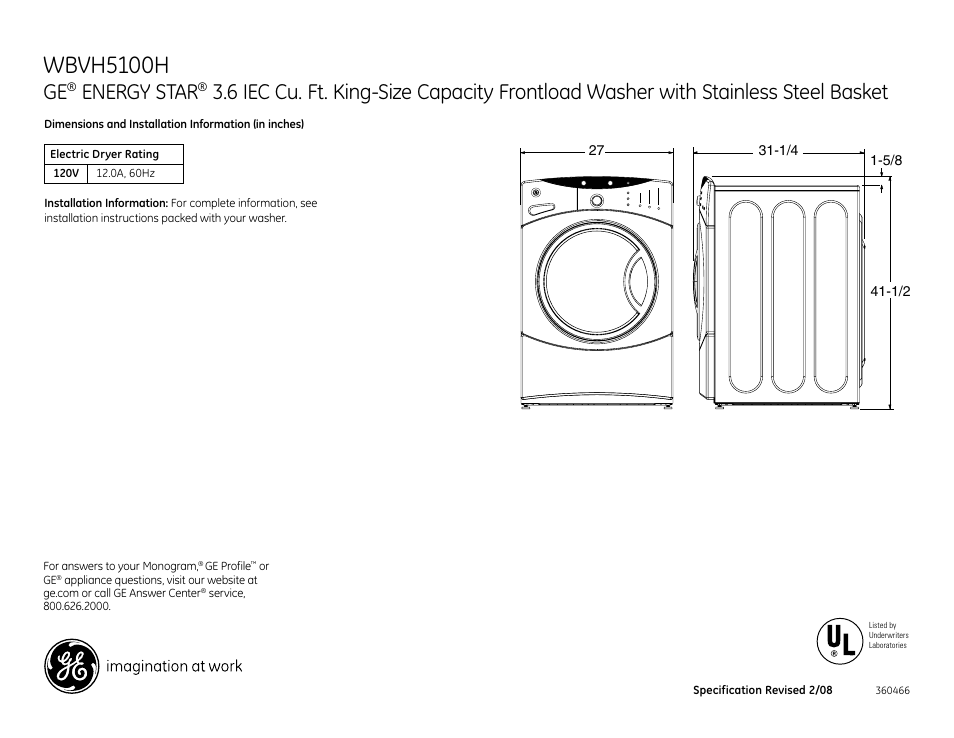 GE WBVH5100H User Manual | 3 pages