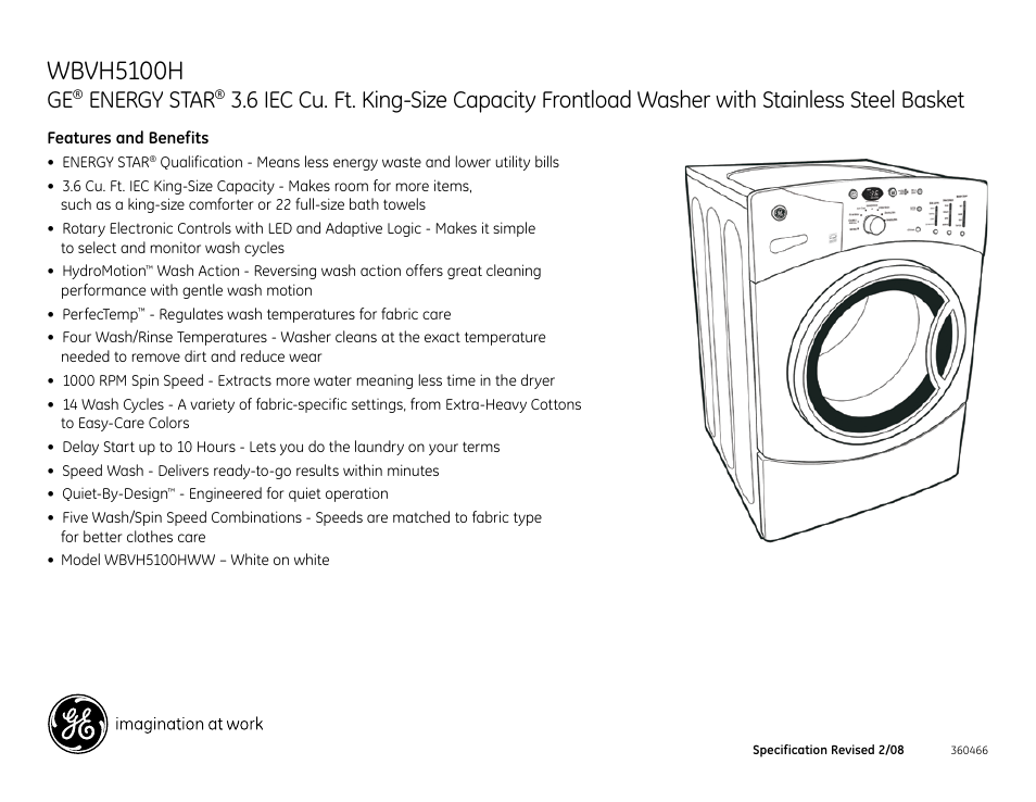 Wbvh5100h, Energy star | GE WBVH5100H User Manual | Page 3 / 3