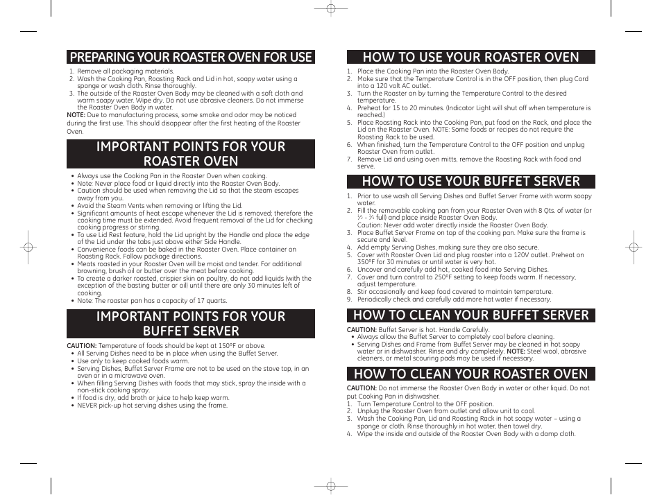 How to use your roaster oven, How to use your buffet server, How to clean your buffet server | Important points for your roaster oven, Important points for your buffet server | GE 169059 User Manual | Page 3 / 5