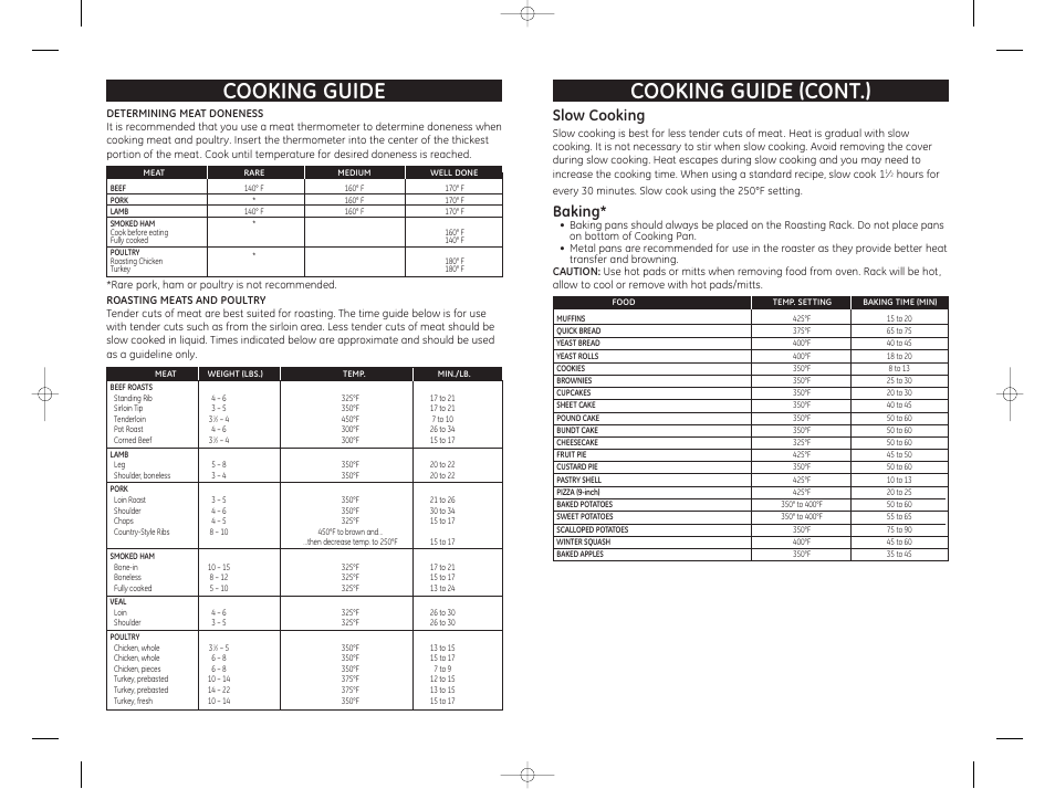 Cooking guide (cont.), Cooking guide, Slow cooking | Baking | GE 169059 User Manual | Page 4 / 5