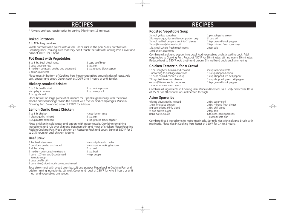 Recipes, Roasted vegetable soup, Chicken tetrazzini for a crowd | Asian spareribs, Baked potatoes, Pot roast with vegetables, Hickory-smoked brisket, Lemon garlic roast chicken, Beef stew | GE 169059 User Manual | Page 5 / 5