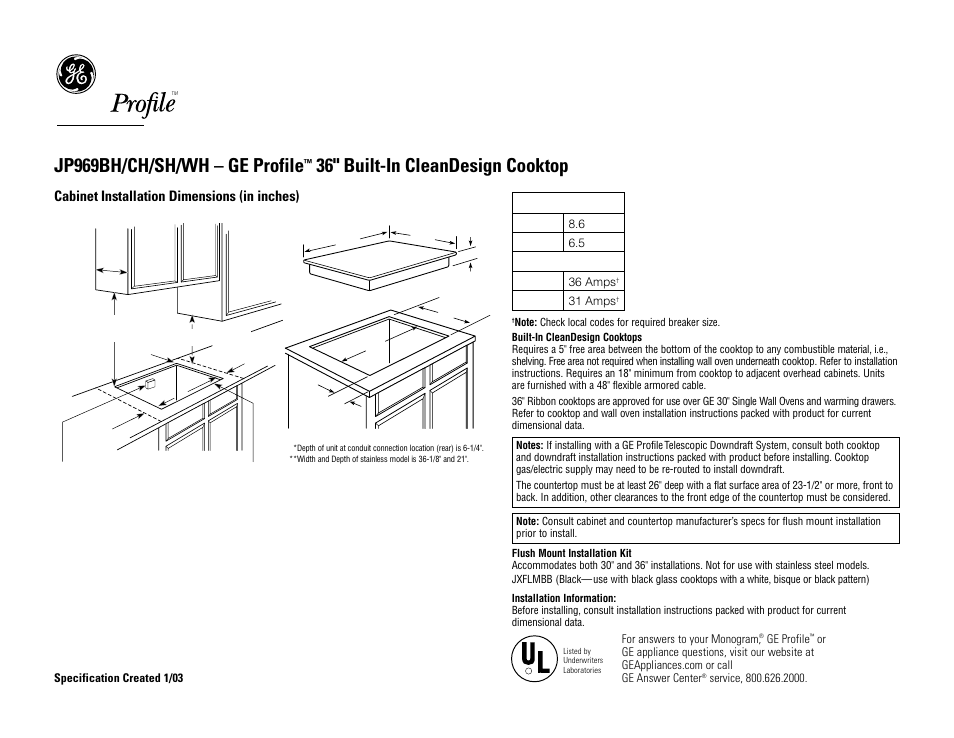 GE PROFILE JP969BH User Manual | 2 pages