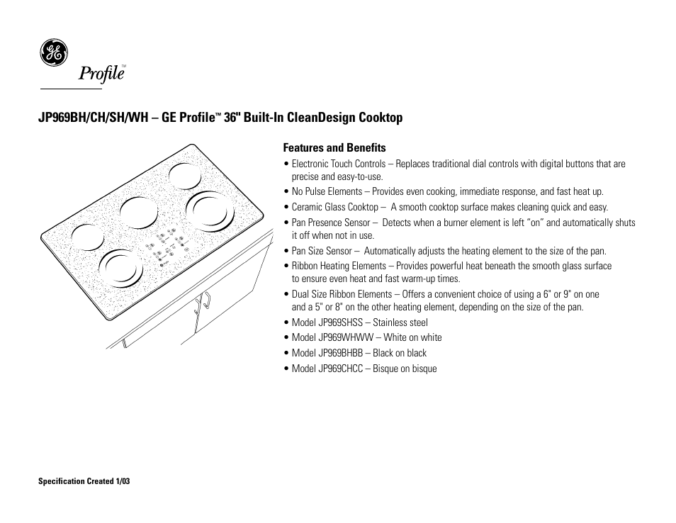 Jp969bh/ch/sh/wh – ge profile, 36" built-in cleandesign cooktop | GE PROFILE JP969BH User Manual | Page 2 / 2