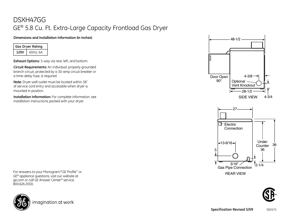 GE DSXH47GG User Manual | 4 pages