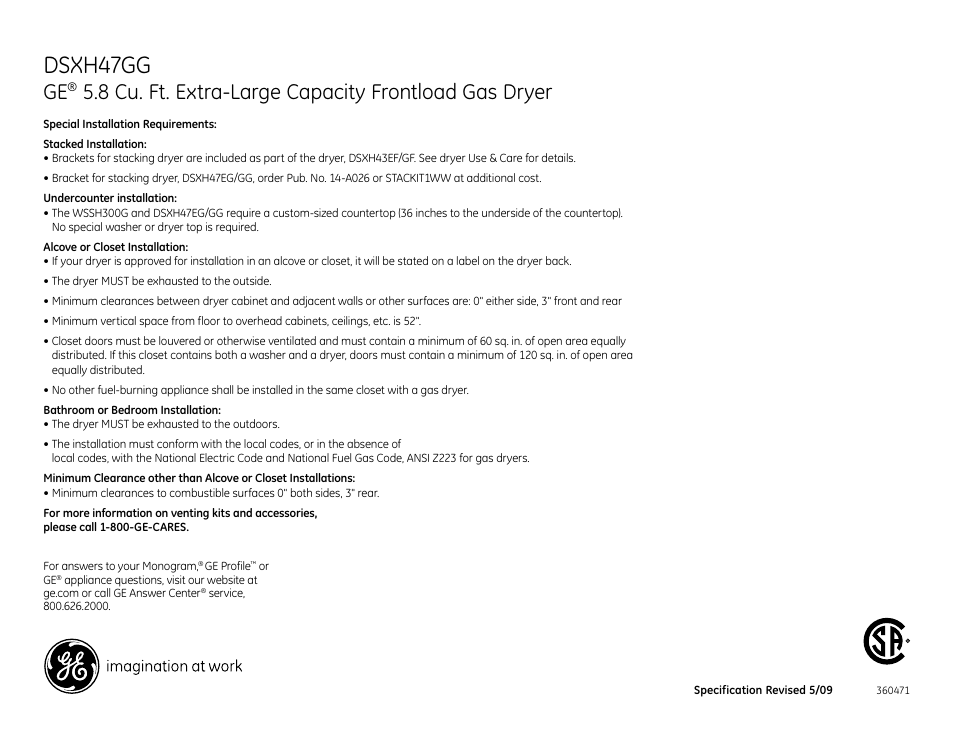 Dsxh47gg, 8 cu. ft. extra-large capacity frontload gas dryer | GE DSXH47GG User Manual | Page 2 / 4