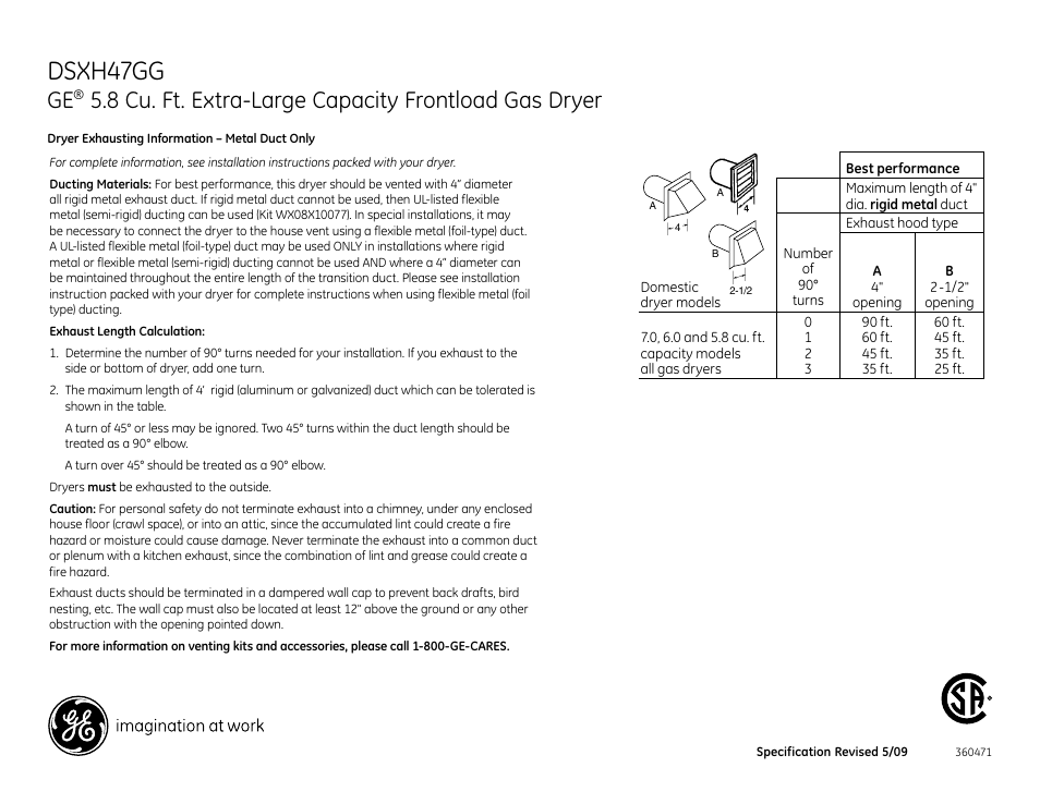 Dsxh47gg, 8 cu. ft. extra-large capacity frontload gas dryer | GE DSXH47GG User Manual | Page 3 / 4