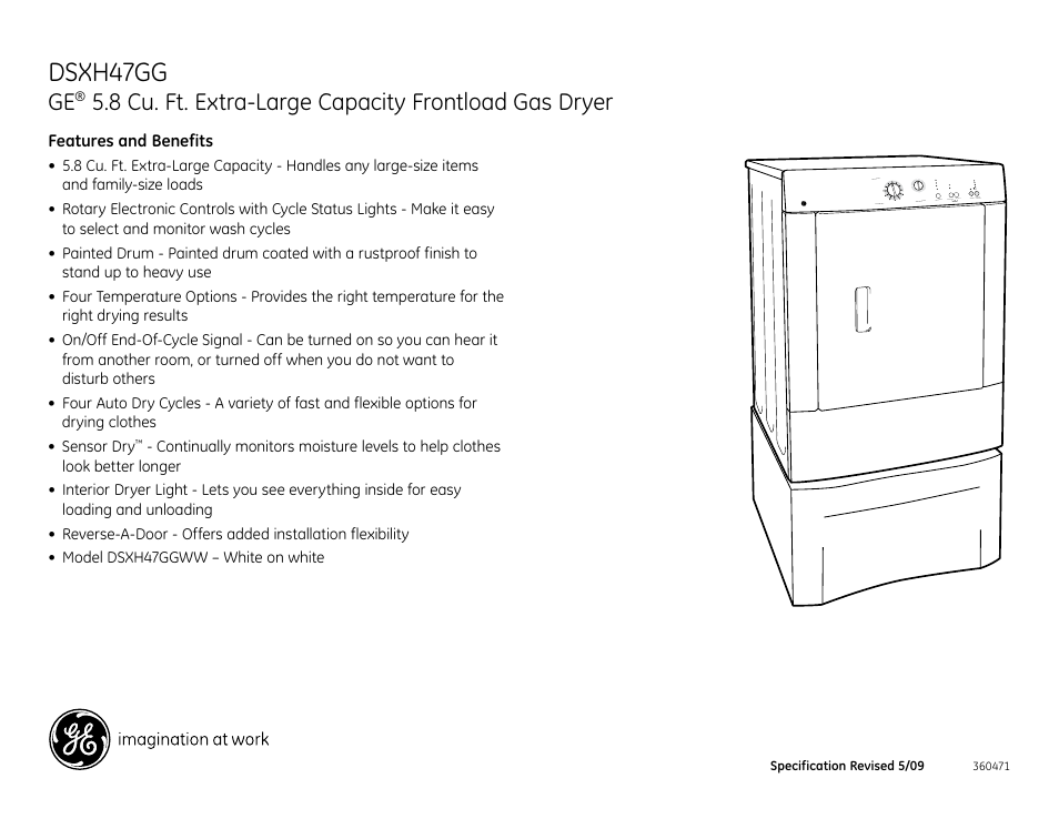 Dsxh47gg, 8 cu. ft. extra-large capacity frontload gas dryer | GE DSXH47GG User Manual | Page 4 / 4