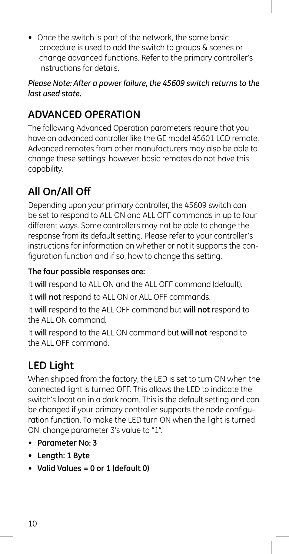 Advanced operation, All on/all off, Led light | GE 45609 User Manual | Page 10 / 13