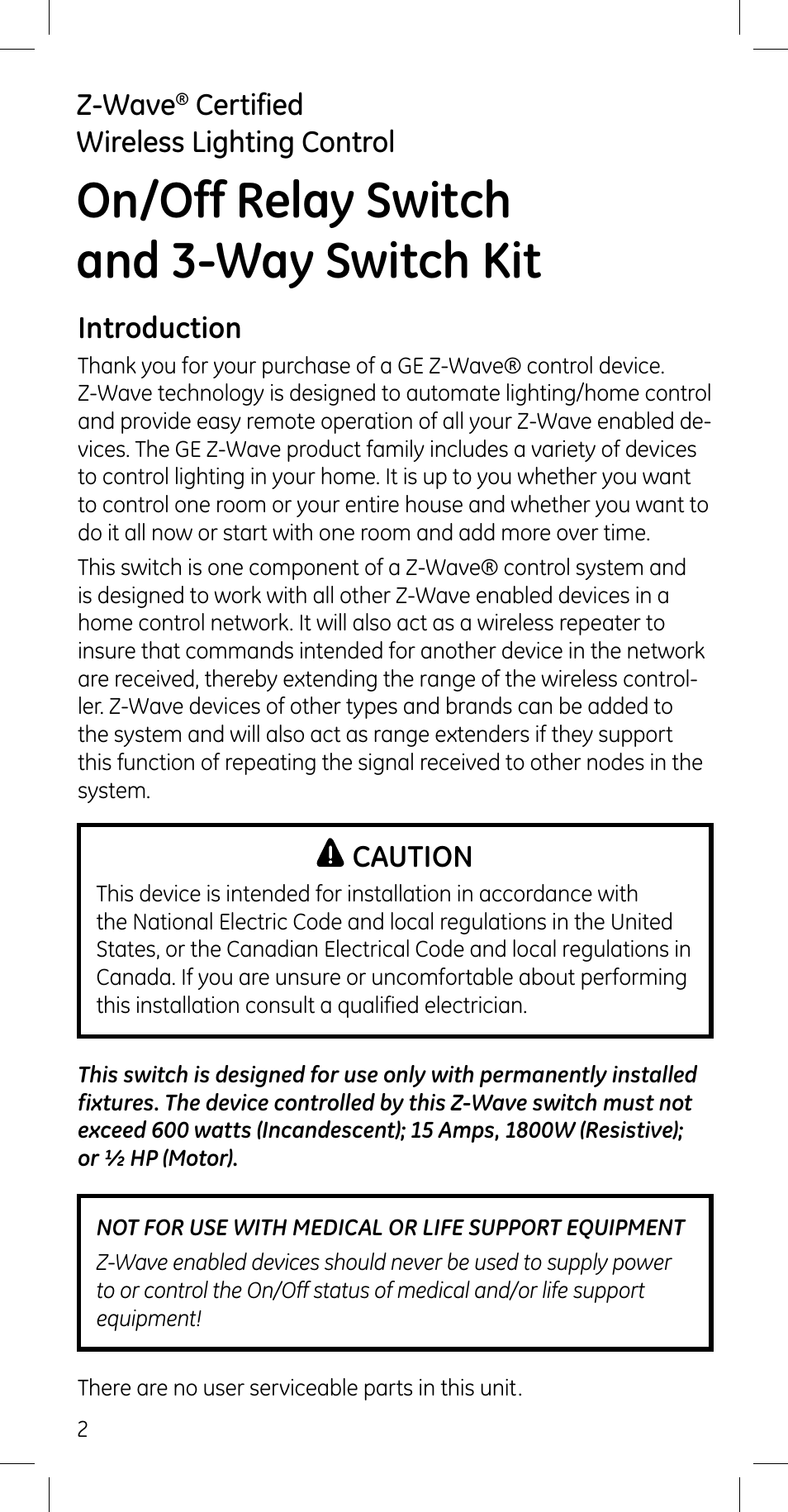 On/off relay switch and 3-way switch kit, Introduction, Caution | Z-wave, Certified wireless lighting control | GE 45609 User Manual | Page 2 / 13