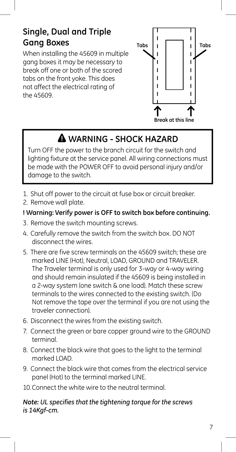 Single, dual and triple gang boxes, Warning - shock hazard | GE 45609 User Manual | Page 7 / 13