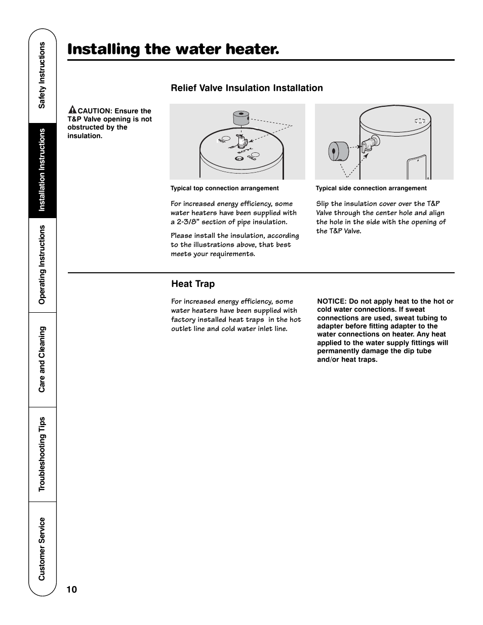 Installing the water heater, Relief valve insulation installation, Heat trap | GE AP12170-4 User Manual | Page 10 / 20