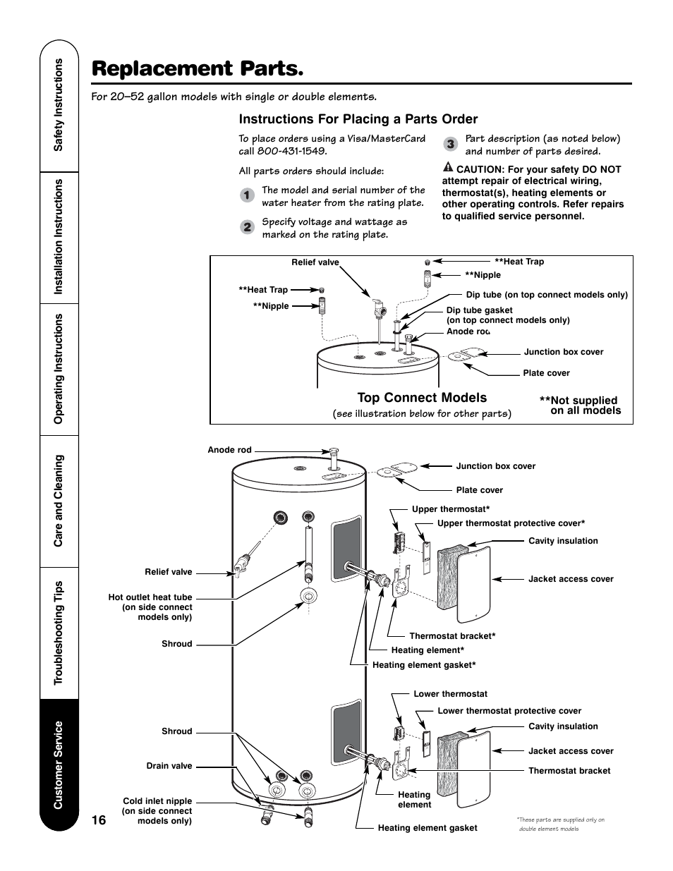Replacement parts, Instructions for placing a parts order, Top connect models | GE AP12170-4 User Manual | Page 16 / 20