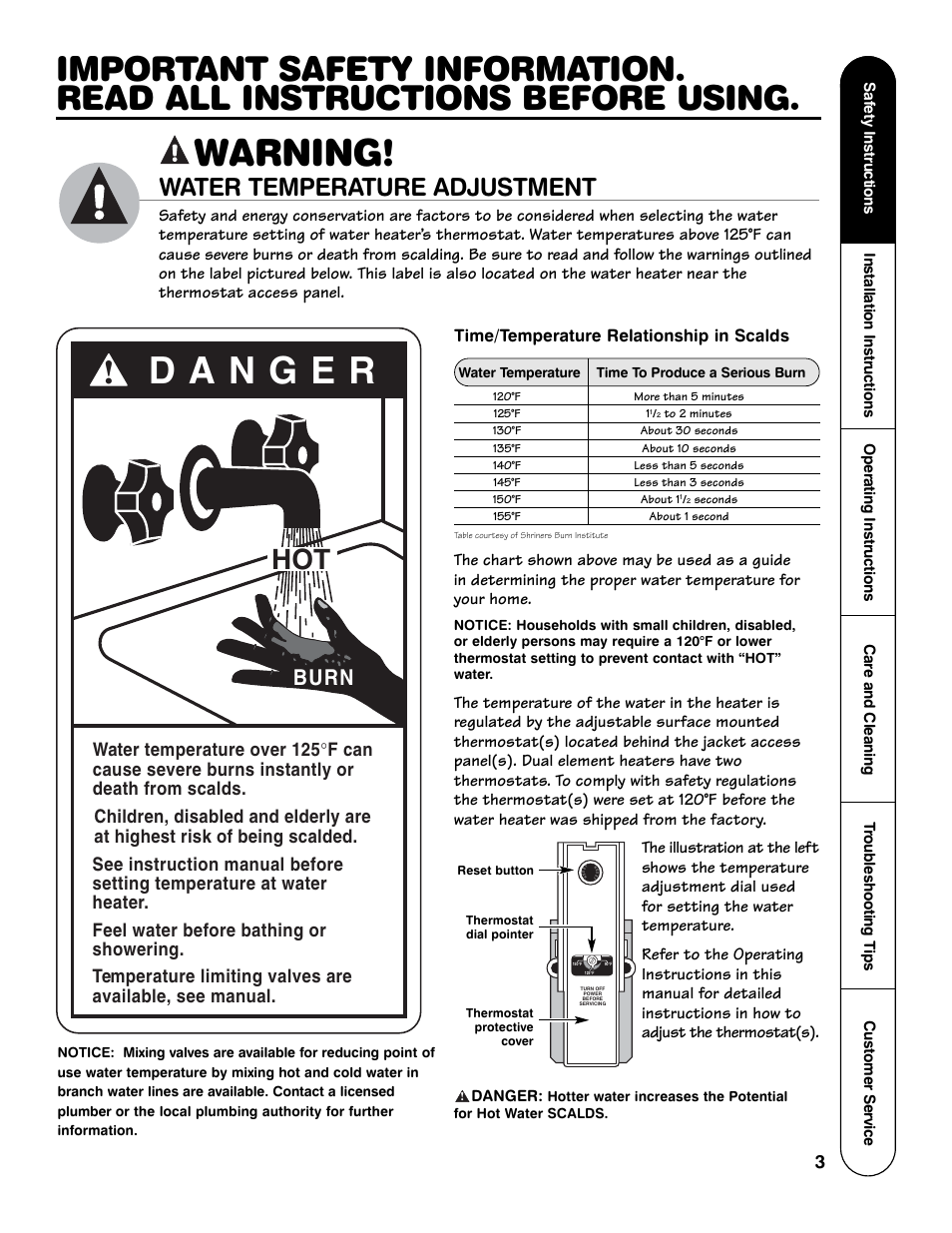 Warning, Water temperature adjustment, Burn | Time/temperature relationship in scalds | GE AP12170-4 User Manual | Page 3 / 20