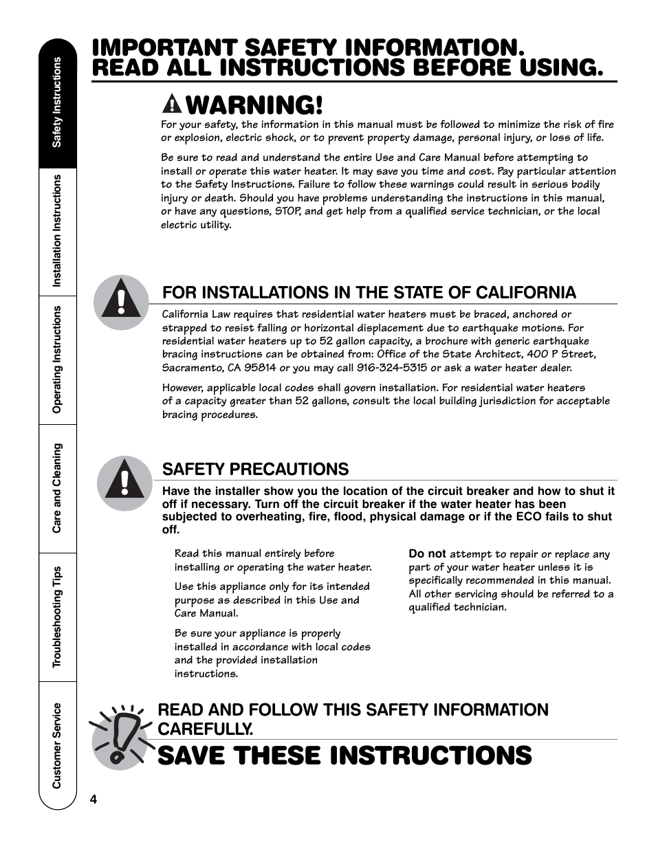 Warning, Save these instructions, For installations in the state of california | Read and follow this safety information carefully, Safety precautions | GE AP12170-4 User Manual | Page 4 / 20