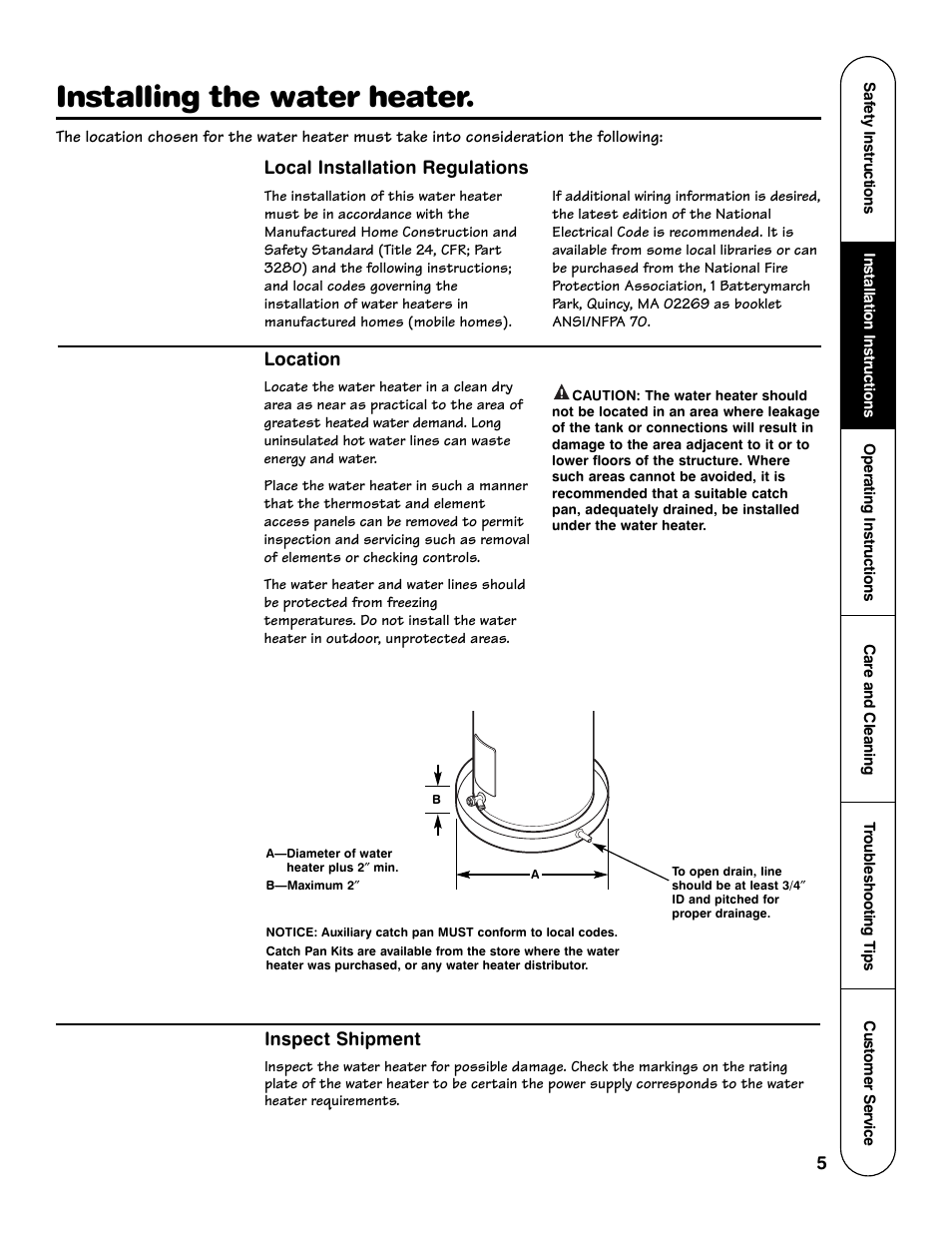 Installing the water heater | GE AP12170-4 User Manual | Page 5 / 20