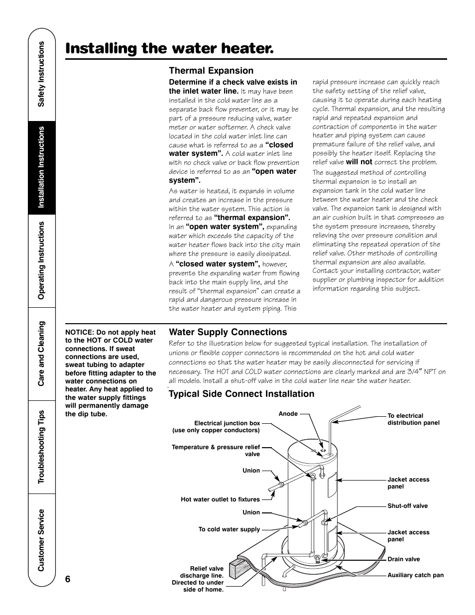 Installing the water heater | GE AP12170-4 User Manual | Page 6 / 20