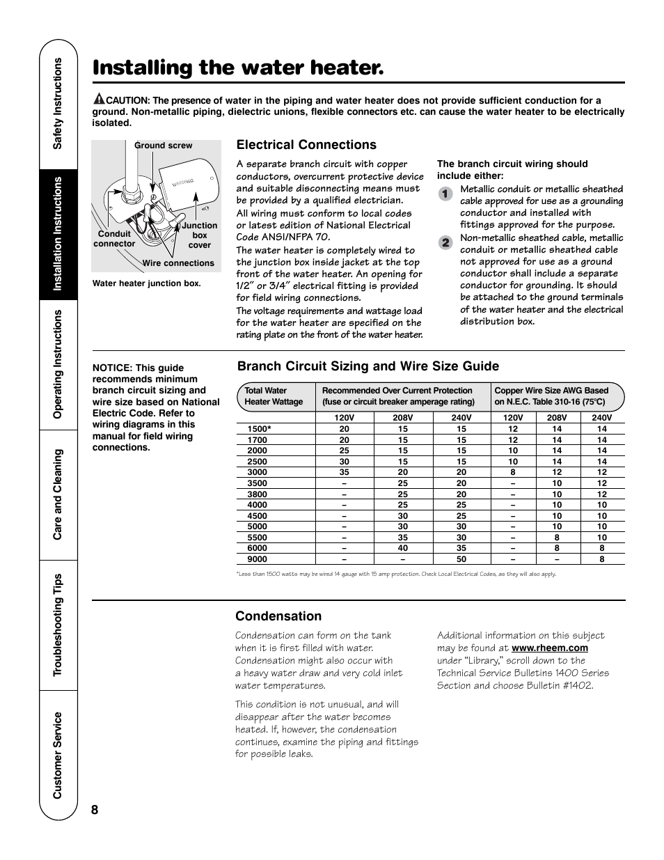 Installing the water heater, Branch circuit sizing and wire size guide, Electrical connections | Condensation | GE AP12170-4 User Manual | Page 8 / 20