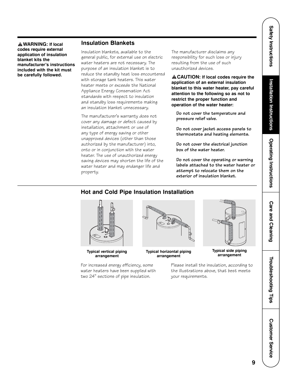 9insulation blankets, Hot and cold pipe insulation installation | GE AP12170-4 User Manual | Page 9 / 20