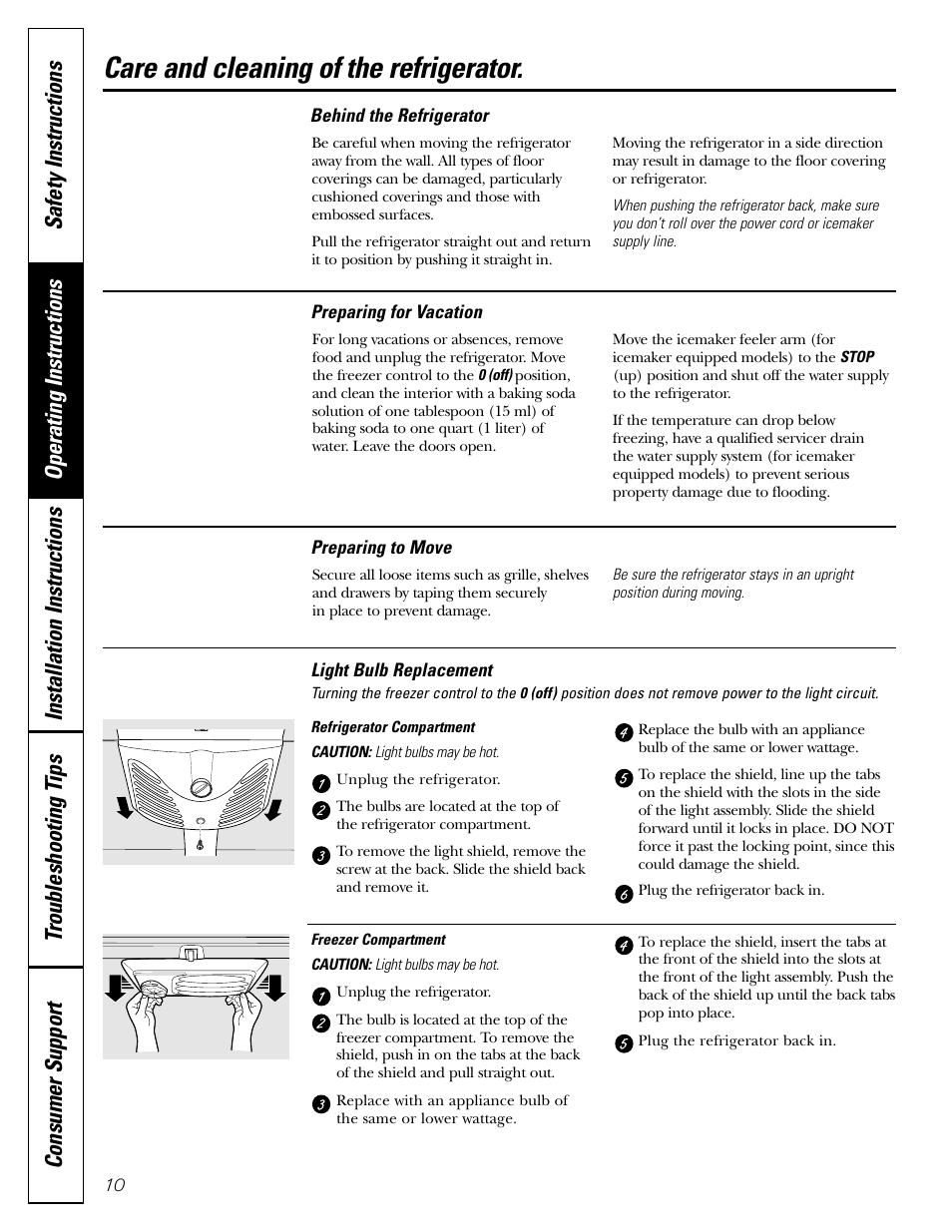 Light bulbs, Care and cleaning of the refrigerator | GE 22 User Manual | Page 10 / 64