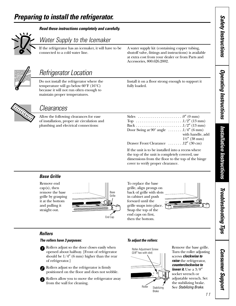 Preparing to install the refrigerator, Preparing to install the refrigerator , 12, Refrigerator location | Clearances, Water supply to the icemaker | GE 22 User Manual | Page 11 / 64