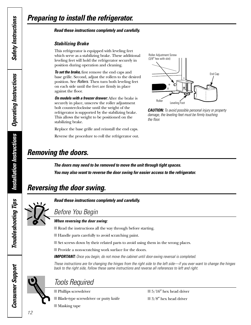 Reversing the door swing, Reversing the door swing –15, Preparing to install the refrigerator | Tools required, Removing the doors, Before you begin | GE 22 User Manual | Page 12 / 64