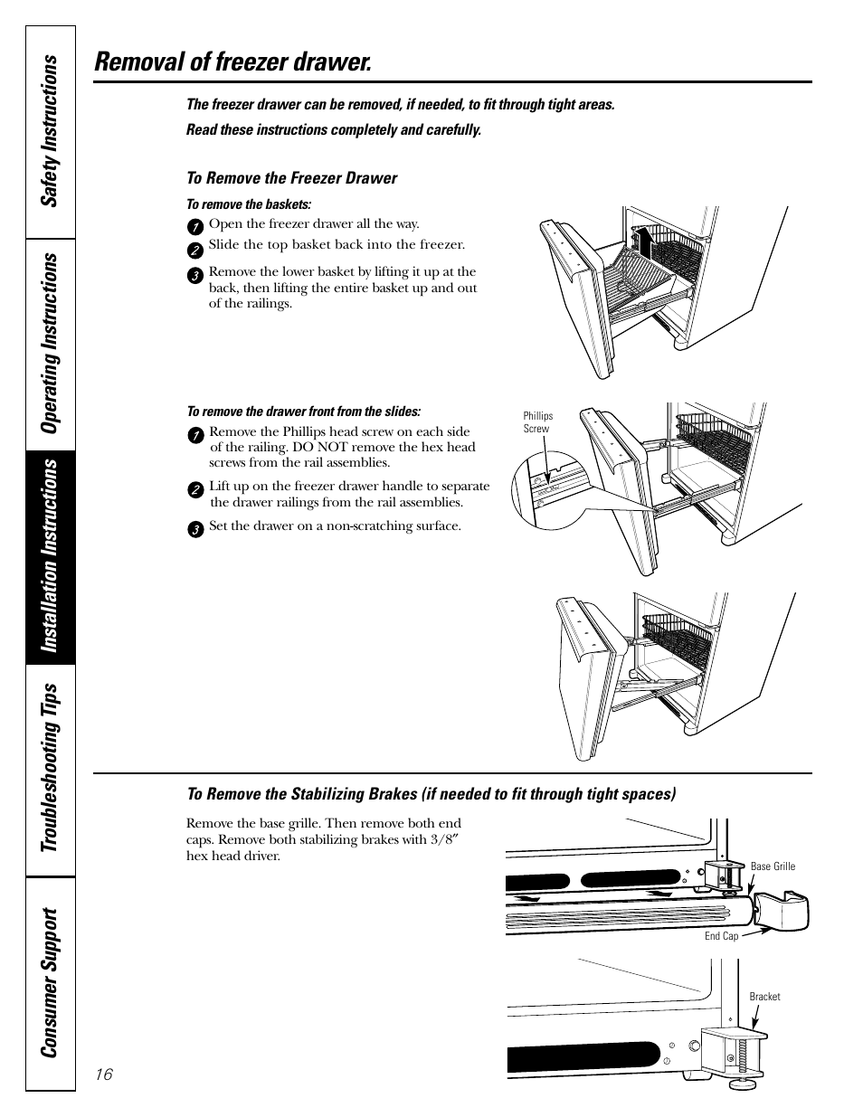 Removal of freezer drawer, Removal of freezer drawer , 17 | GE 22 User Manual | Page 16 / 64