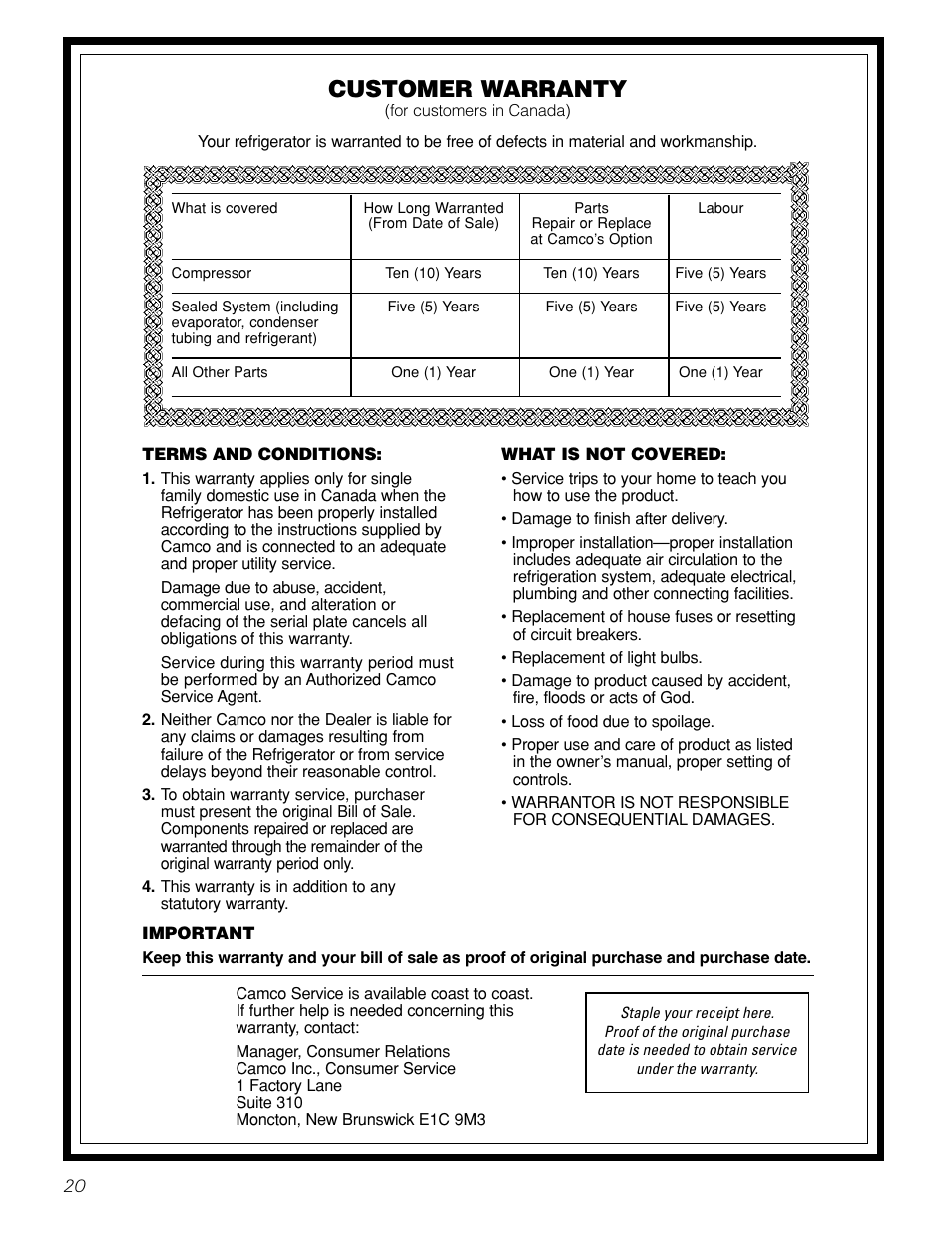 Warranty for canadian customers, Customer warranty | GE 22 User Manual | Page 20 / 64