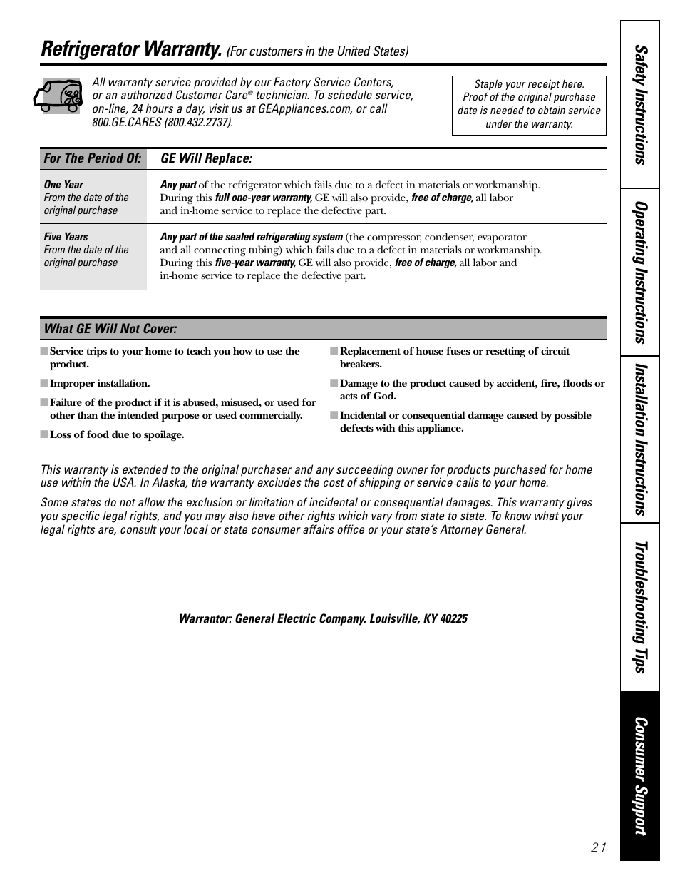 Warranty for u.s. customers, Refrigerator warranty | GE 22 User Manual | Page 21 / 64