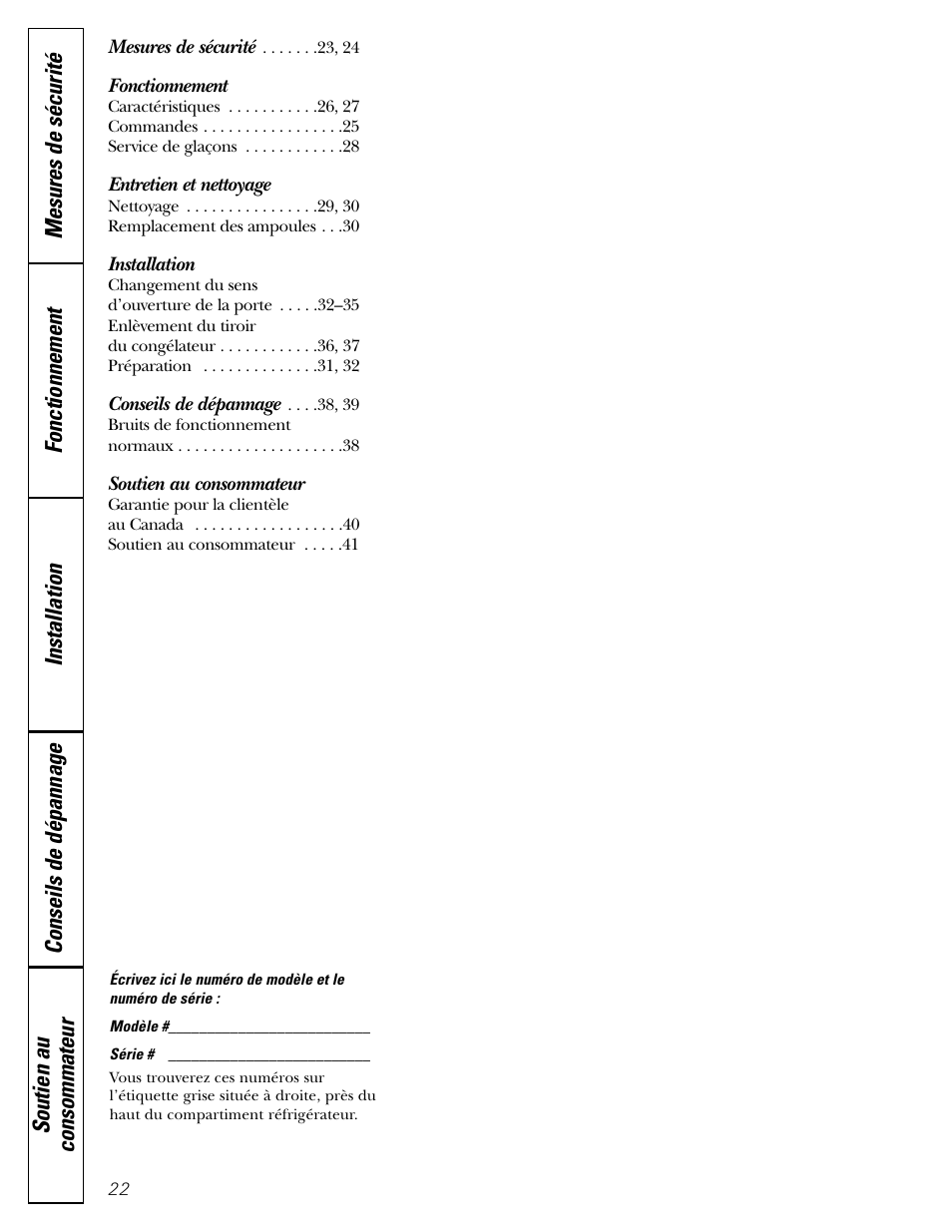 French table of contents, Fonctionnement, Entretien et nettoyage | Installation, Soutien au consommateur | GE 22 User Manual | Page 22 / 64