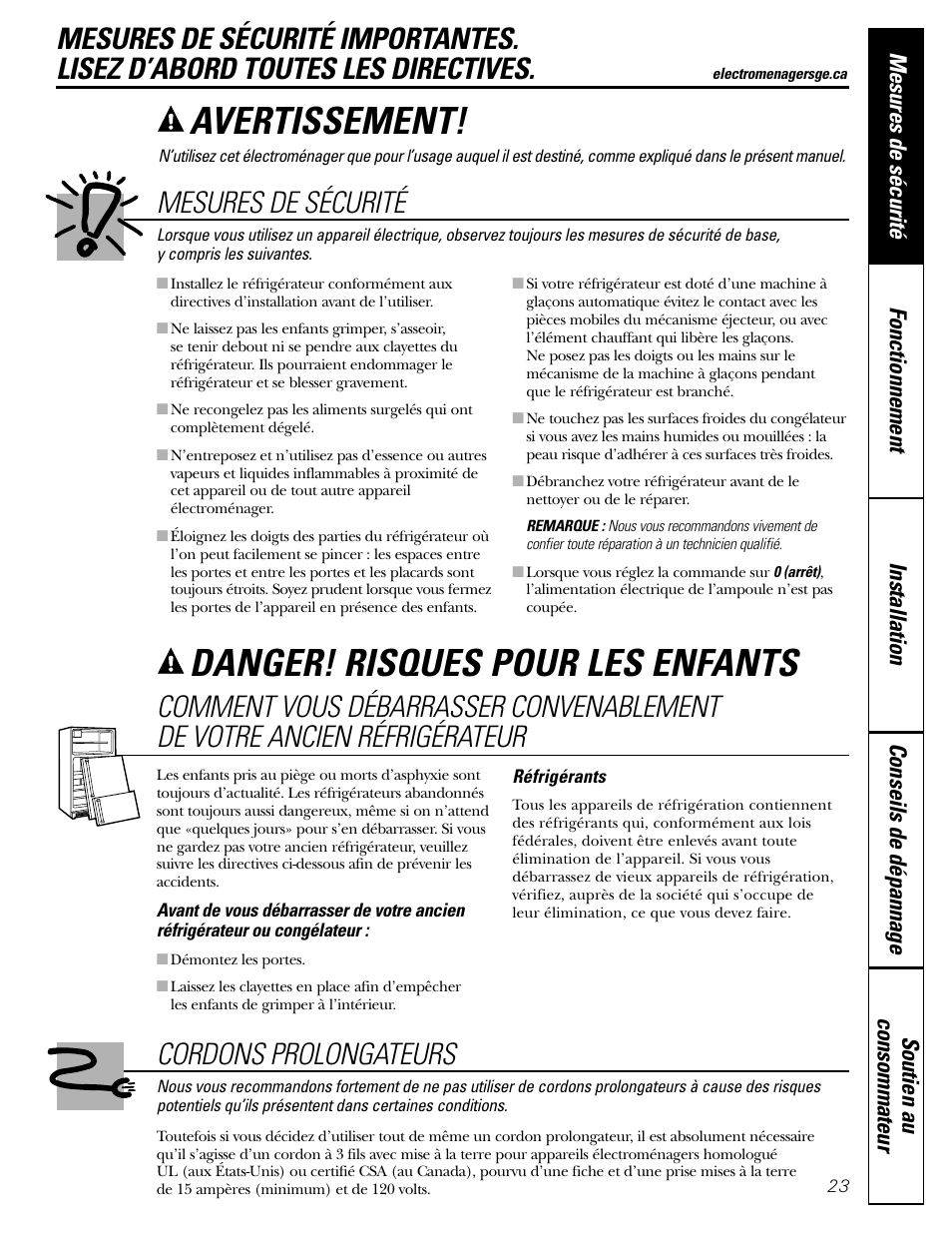 Mesures de sécurité, Avertissement, Danger! risques pour les enfants | Cordons prolongateurs | GE 22 User Manual | Page 23 / 64