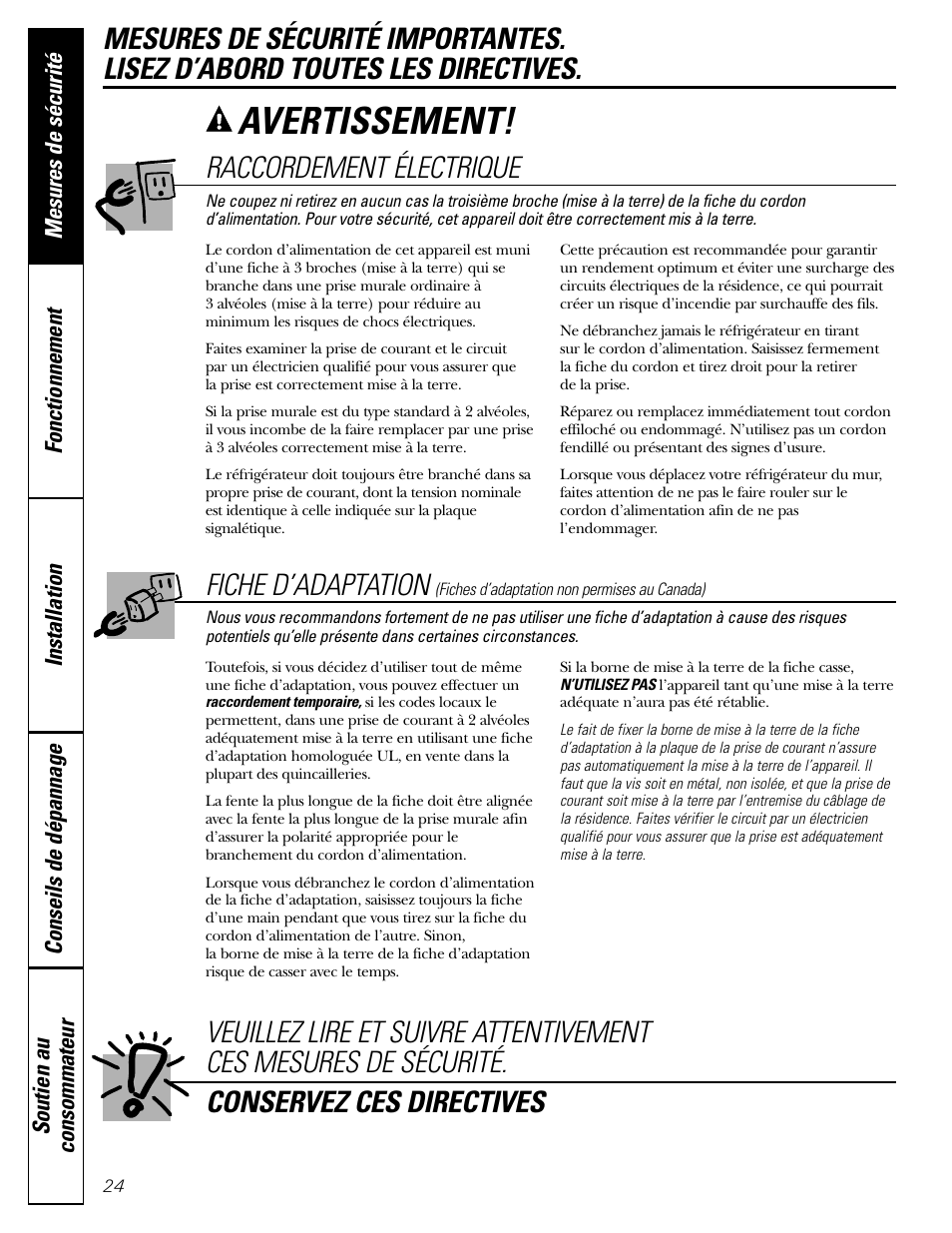 Avertissement, Raccordement électrique, Fiche d’adaptation | GE 22 User Manual | Page 24 / 64