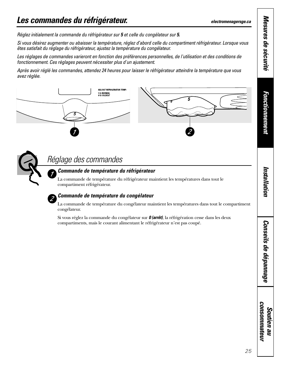 Commandes, Les commandes du réfrigérateur, Réglage des commandes | GE 22 User Manual | Page 25 / 64