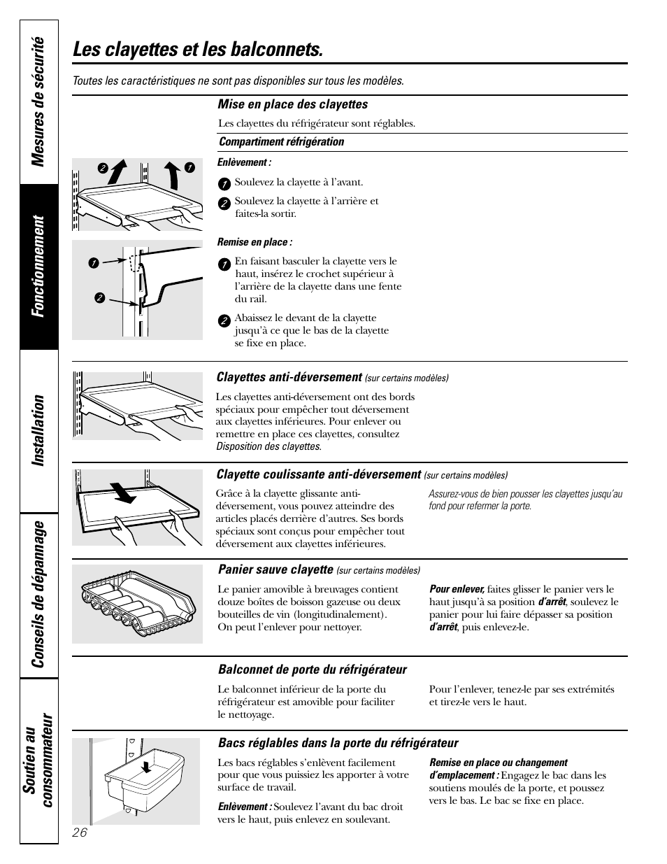 Caractéristiques, Caractéristiques , 27, Les clayettes et les balconnets | GE 22 User Manual | Page 26 / 64