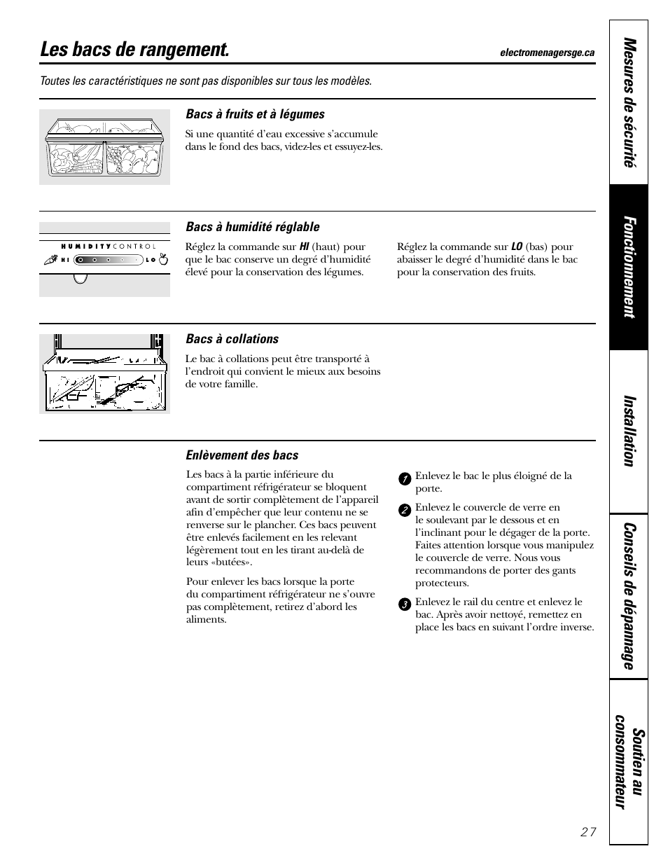 Les bacs de rangement | GE 22 User Manual | Page 27 / 64