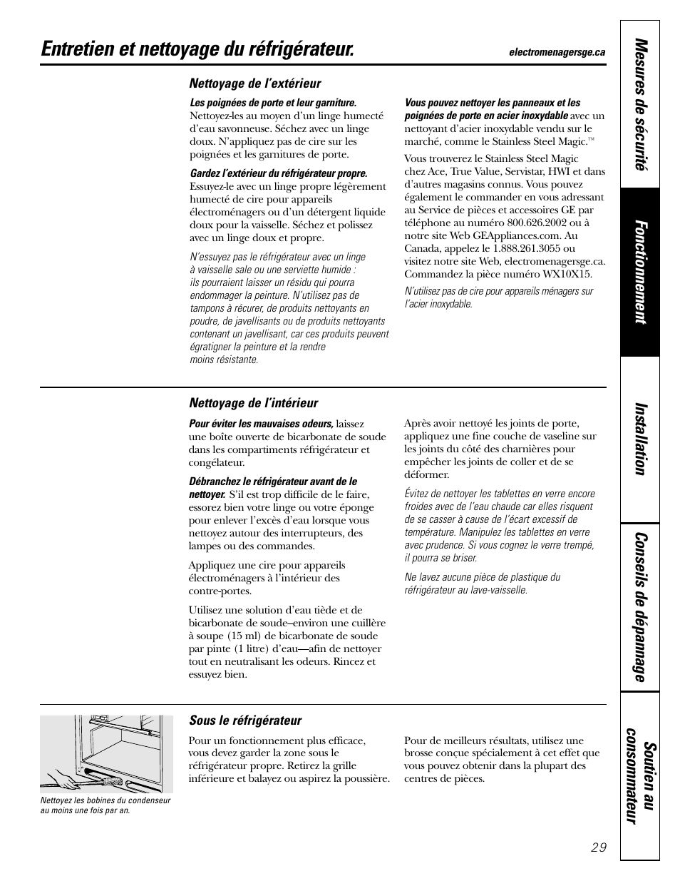 Nettoyage, Nettoyage , 30, Entretien et nettoyage du réfrigérateur | GE 22 User Manual | Page 29 / 64