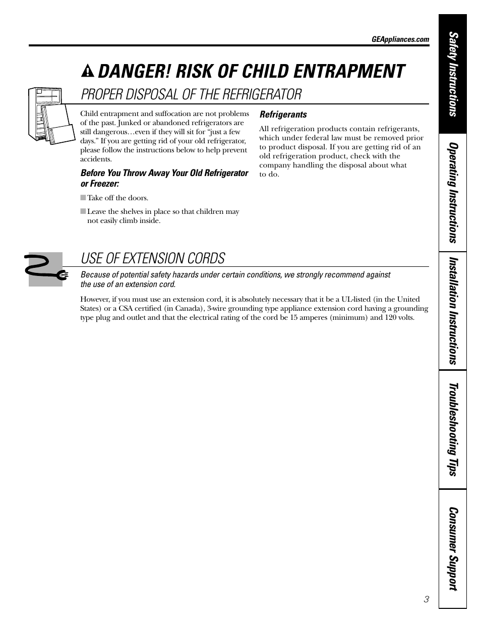 Danger! risk of child entrapment, Proper disposal of the refrigerator, Use of extension cords | GE 22 User Manual | Page 3 / 64