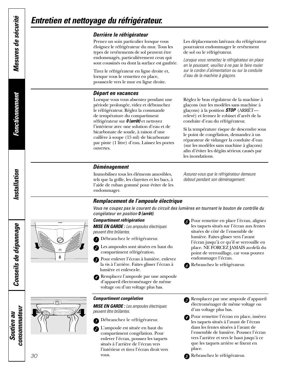 Remplacement des ampoules, Entretien et nettoyage du réfrigérateur | GE 22 User Manual | Page 30 / 64