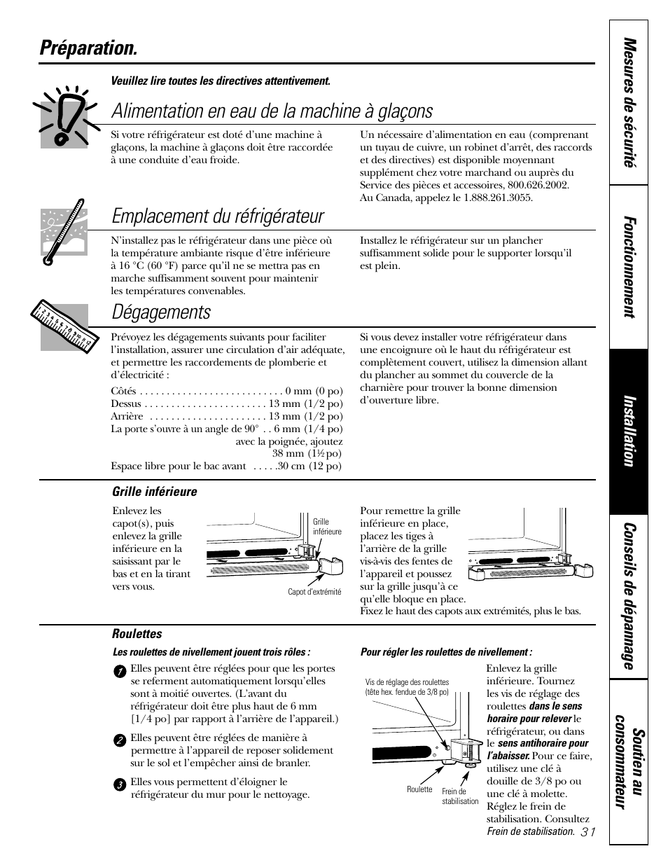 Préparation, Préparation , 32, Alimentation en eau de la machine à glaçons | Emplacement du réfrigérateur, Dégagements | GE 22 User Manual | Page 31 / 64