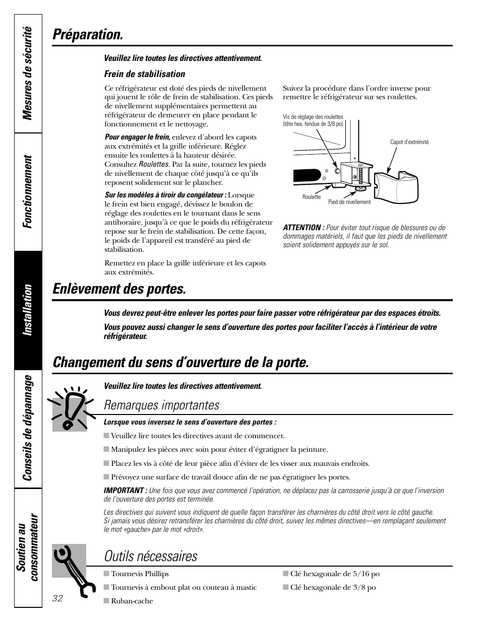 Changement du sens d’ouverture de la porte, Changement du sens d’ouverture de la porte –35, Préparation | Outils nécessaires, Enlèvement des portes, Remarques importantes | GE 22 User Manual | Page 32 / 64