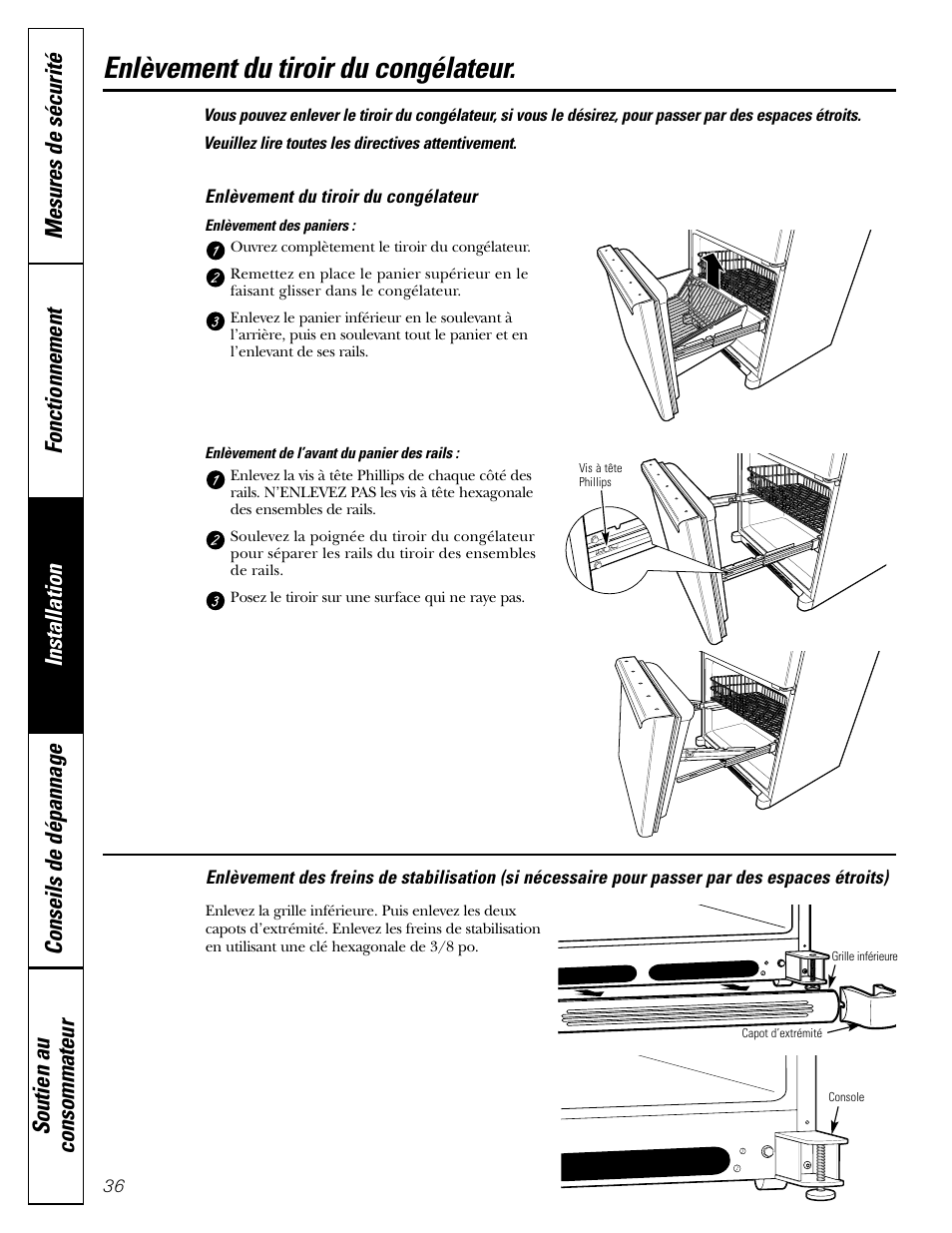 Enlèvement du tiroir du congélateur, Enlèvement du tiroir du congélateur , 37 | GE 22 User Manual | Page 36 / 64