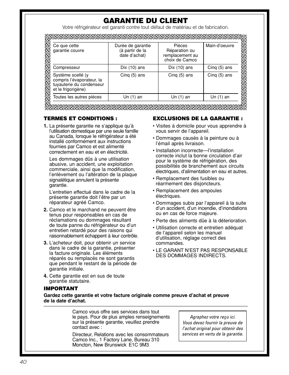 Garantie pour la clientèle au canada, Garantie du client | GE 22 User Manual | Page 40 / 64