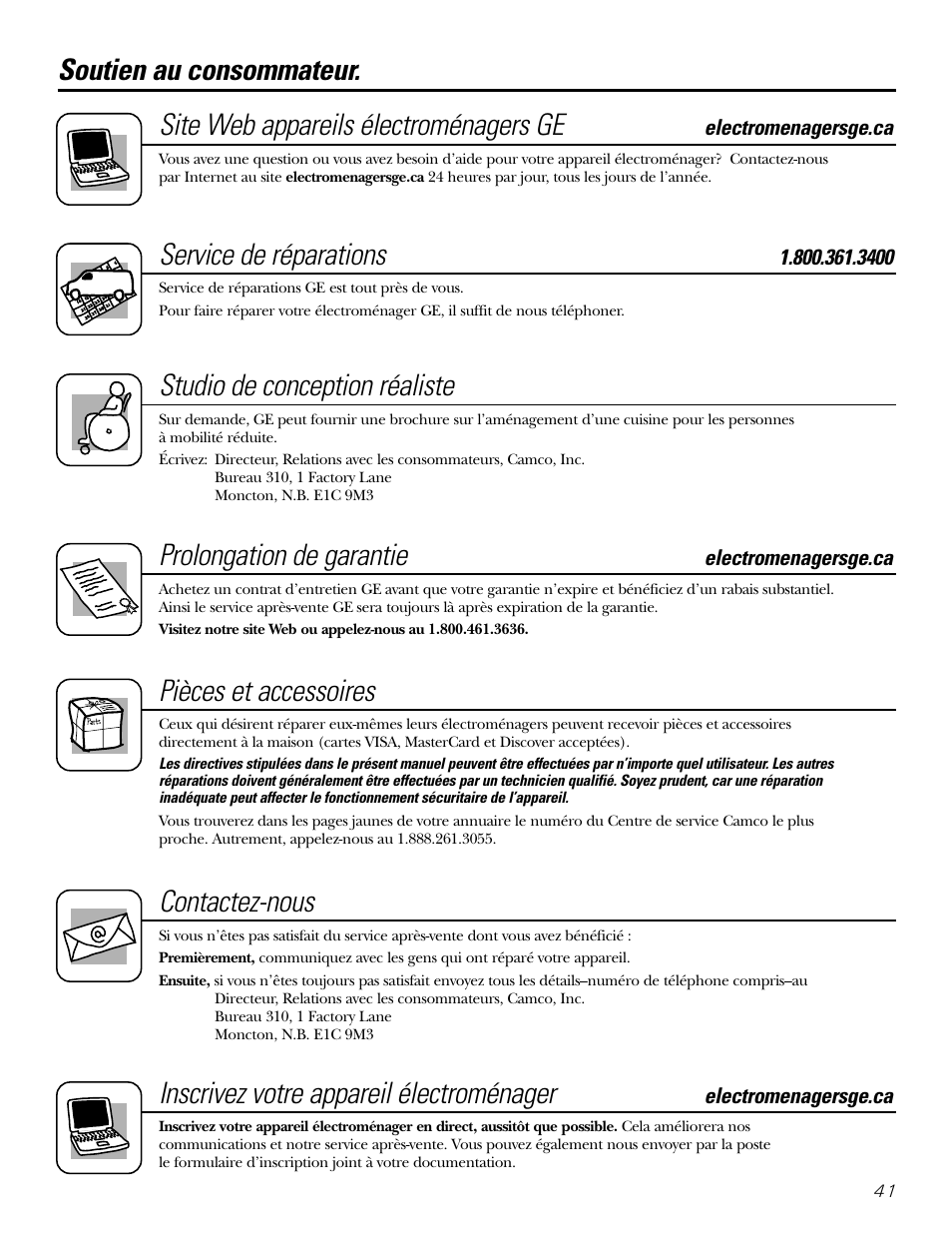 Soutien au consommateur, Service de réparations, Studio de conception réaliste | Prolongation de garantie, Pièces et accessoires, Contactez-nous, Inscrivez votre appareil électroménager | GE 22 User Manual | Page 41 / 64