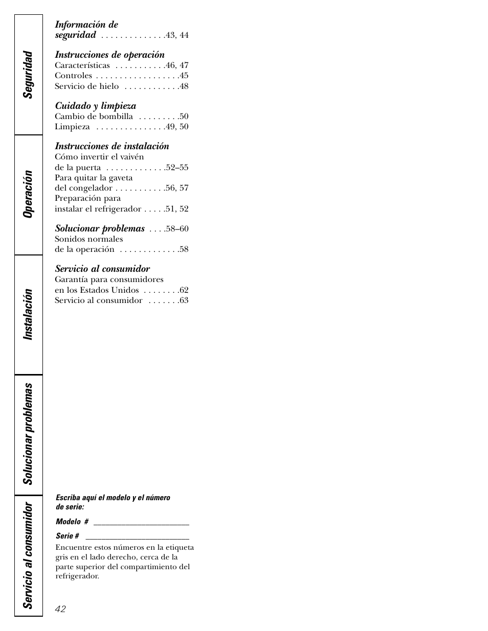 Spanish table of contents, Instrucciones de operación, Cuidado y limpieza | Instrucciones de instalación, Servicio al consumidor | GE 22 User Manual | Page 42 / 64